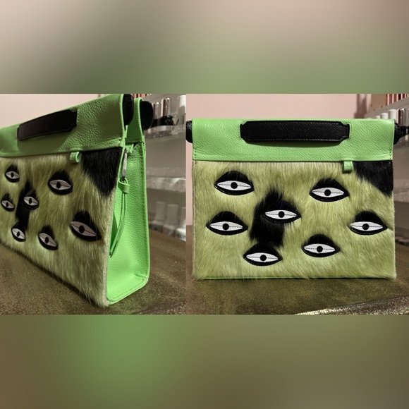 Min & Mon Handbags - Green & Black fur All over eyes Min & Mon bag